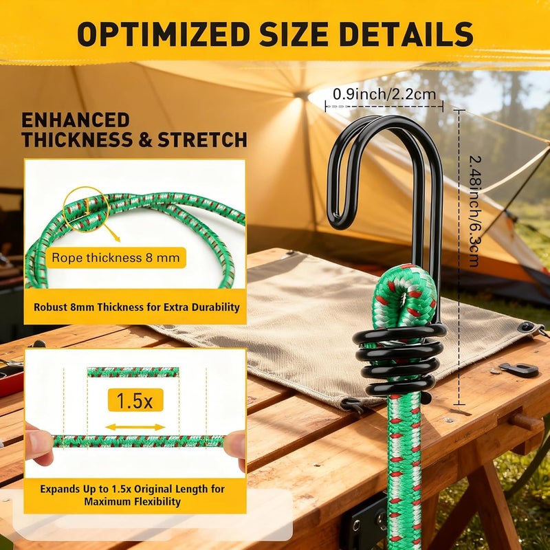 ELEAD Bungee Cords Heavy Duty Outdoor: 20 Pcs Premium Rubber Bungee Cords with Hooks in a Storage Jar Includes 10", 18", 24", 30", 36", 48" Bungee Cord for Camping, Tent, Fastening Items - Image 3